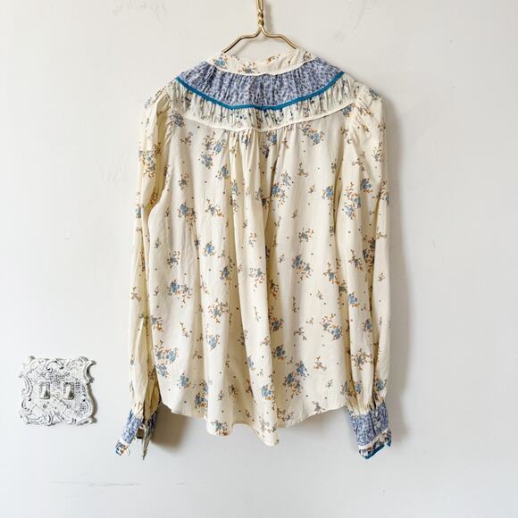 Free People Paloma Prairie Peasant Blue Floral Blouse in Tea Combo XS - Picture 10 of 12